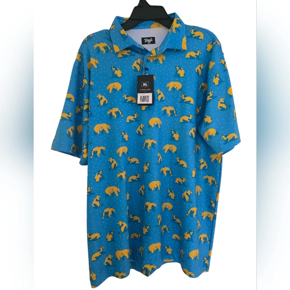 Waggle Polo Golf Performanxe Shirt Short Sleeve Golden Bear Yellow Blue Size L - Picture 2 of 8